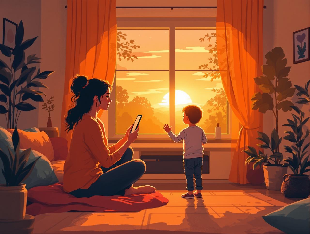 短剧网品牌故事 - 创始人李晨曦与孩子一起观看动画片的温暖时刻